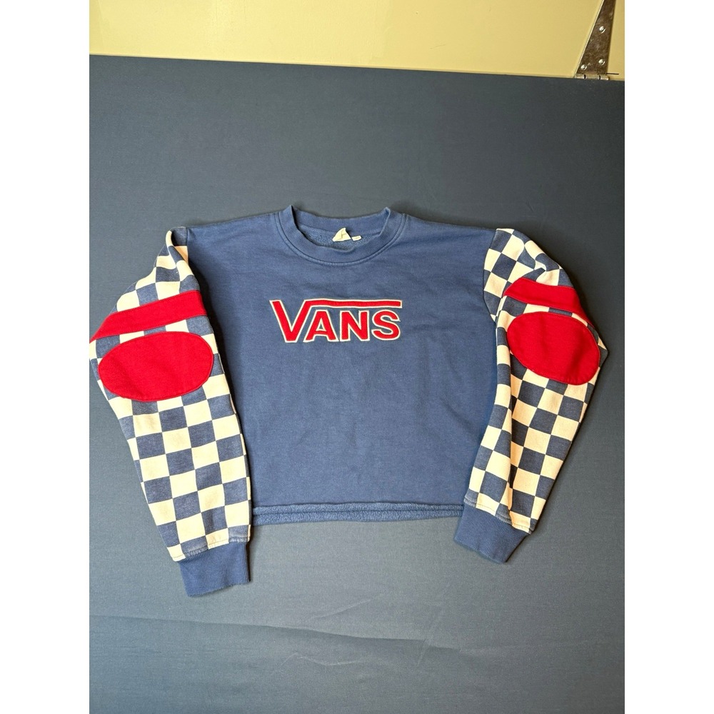 Vans BMX Checkerboard Cropped Crewneck Sweatshirt Womens Large Blue Red